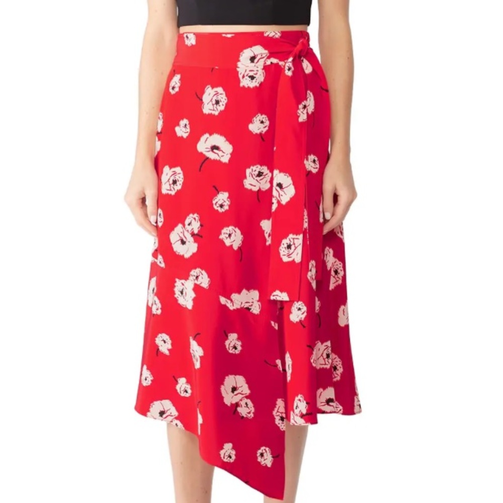 10 Crosby Derek Lam Red Silk Floral Wrap Skirt